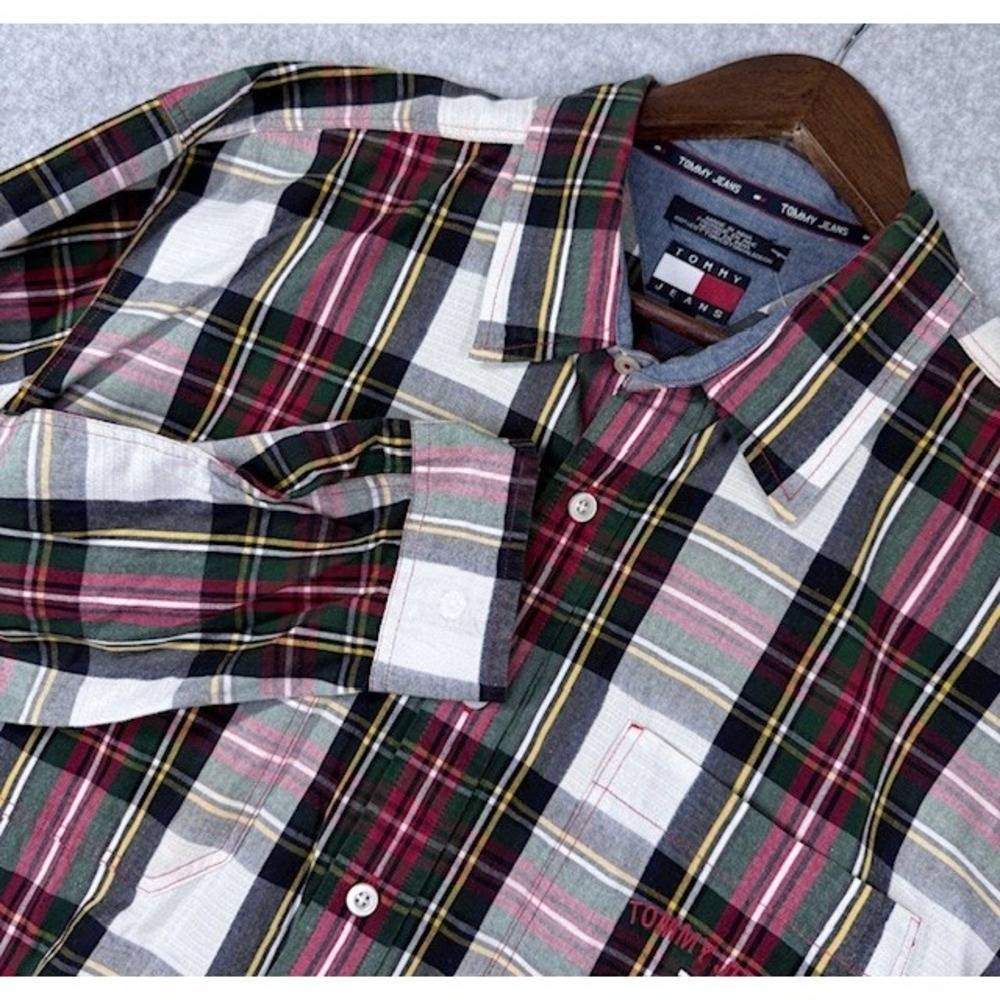 Tommy Jeans Plaid Button Down Shirt Mens XL Green Red White  2002 Vintage